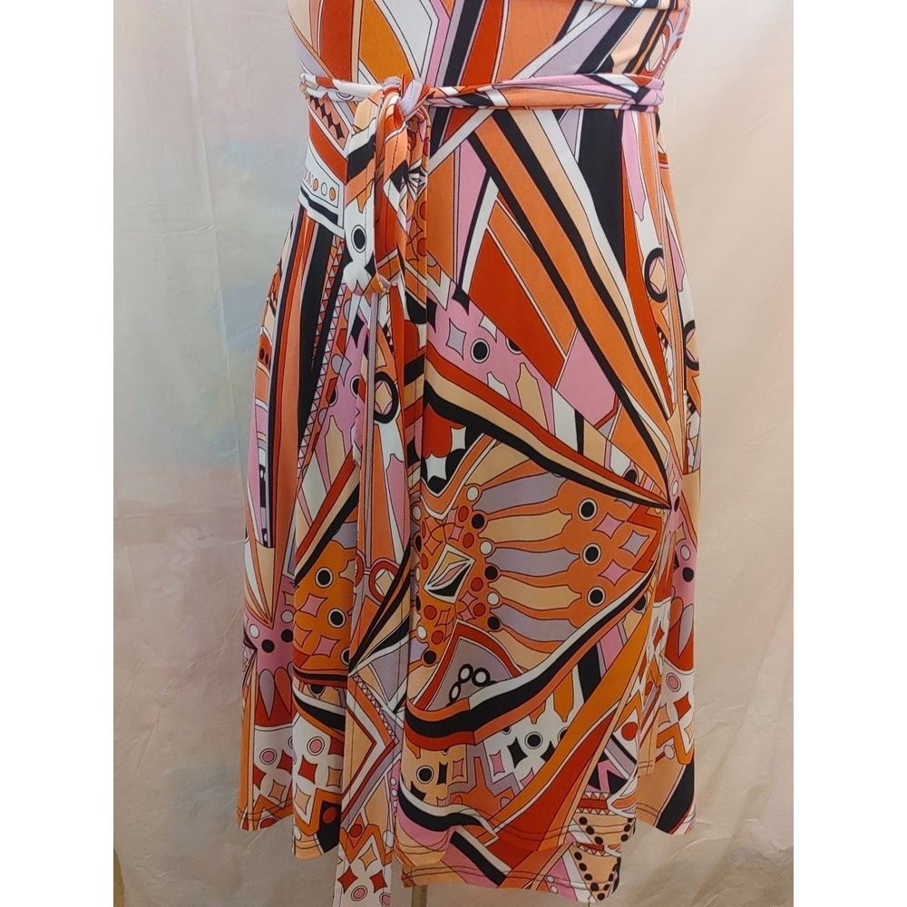 Bionic Abstract Wrap Dress Women's Sz S A-Line Sheath Striped Belted Knee Length - Picture 3 of 12